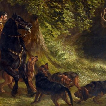 obraz so sv. Hubertom na love pri stretnutí s legendárnym jeleňom, ktorý zmenil jeho život