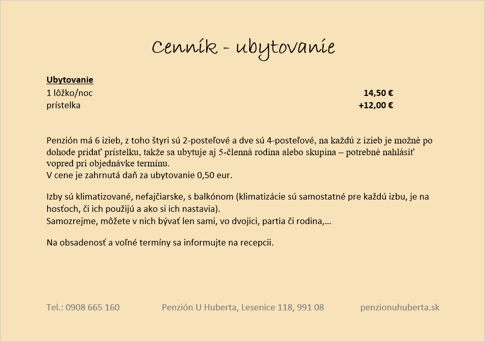 Penzión U Huberta - cenník - ubytovanie