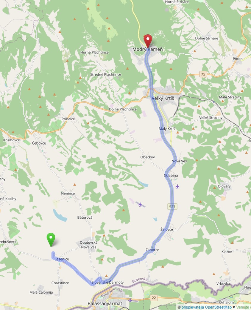 mapa cesty Lesenice - Modrý Kameň - od Penziónu u Huberta do Múzea hračiek